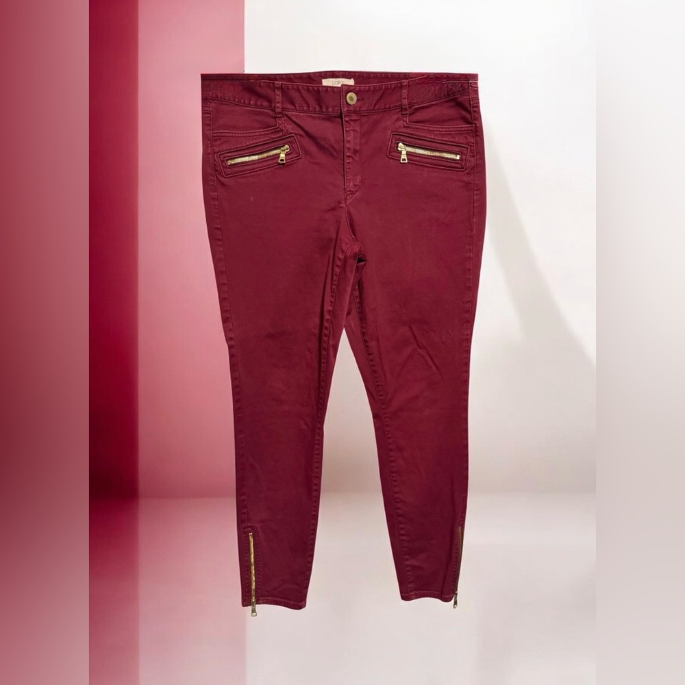 Loft Burgundy Skinny Pants with Gold Zippers